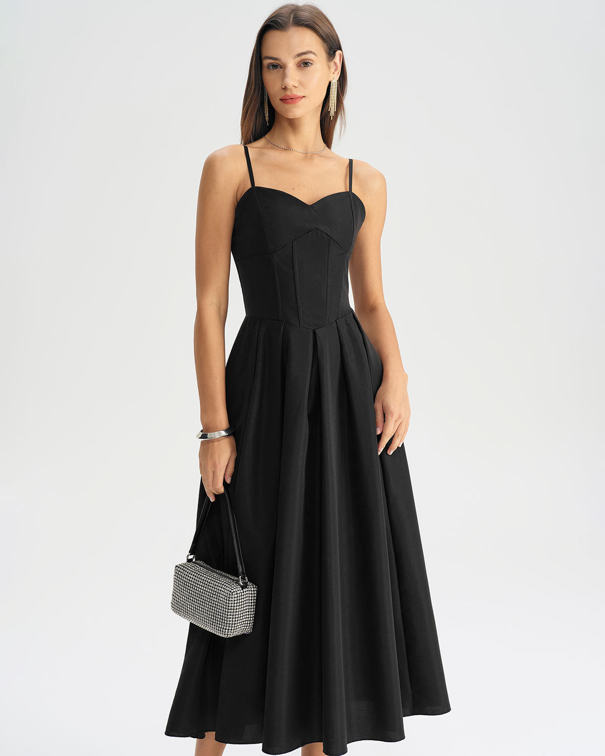 Black Pleated Slip Midi Dress - Threadford