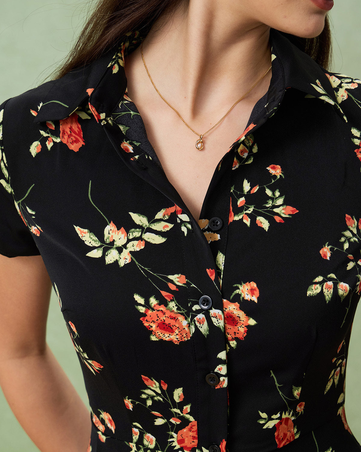 Black Floral Button A-Line Midi Dress - Threadford