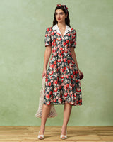 Black Floral Contrast Midi Dress - Threadford