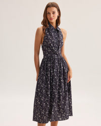 Black Floral Shirred Backless Midi Dress
