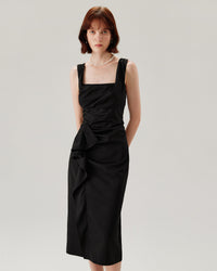 Black Ruffle Ruched Slip Midi Dress