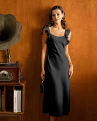 Black Ruffle Square Neck Slip Midi Dress
