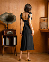Black Ruffle Square Neck Slip Midi Dress - Threadford