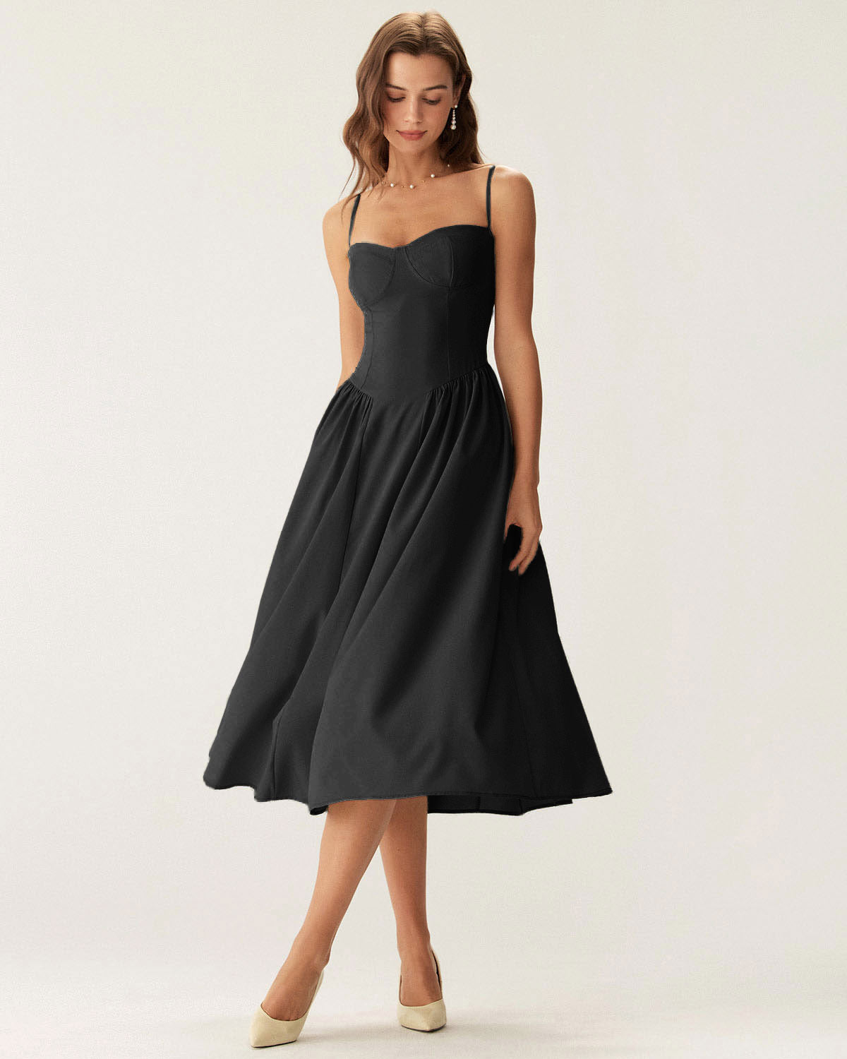 Black Square Neck Pocket Slip Midi Dress - Threadford
