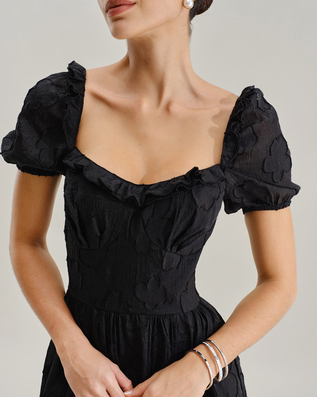 Black Square Neck Puffed Sleeve Midi Dress - Threadford