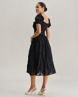 Black Square Neck Puffed Sleeve Midi Dress - Threadford