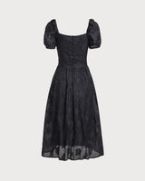 Black Square Neck Puffed Sleeve Midi Dress - Threadford