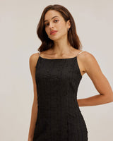 Black Textured Bodycon Beaded Strap Midi Dress - Threadford