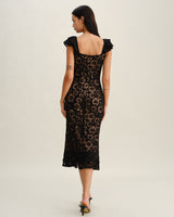 Black Textured Ruffle Mermaid Midi Dress - Threadford