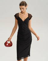 Black V Neck Mesh Midi Dress - Threadford