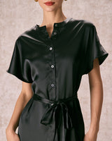 The Black Crew Neck Belted Satin Midi Dress - Threadford