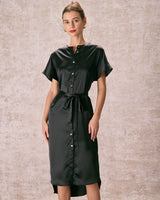The Black Crew Neck Belted Satin Midi Dress - Threadford