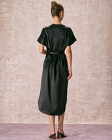 The Black Crew Neck Belted Satin Midi Dress - Threadford