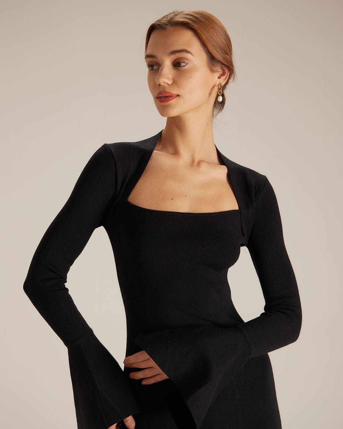 The Black Square Neck Flare Sleeve Midi Dress - Threadford