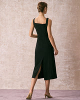 The Black Square Neck Sheath Midi Dress - Threadford