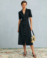 The Black V Neck Button Puff Sleeve Midi Dress - Threadford