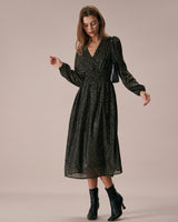 The Black V Neck Shirred Overlapping Midi Dress - Threadford