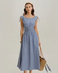 Blue Plaid Boat Neck Shirred Midi Dress