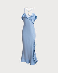 Blue V Neck Mermaid Ruffle Slip Midi Dress