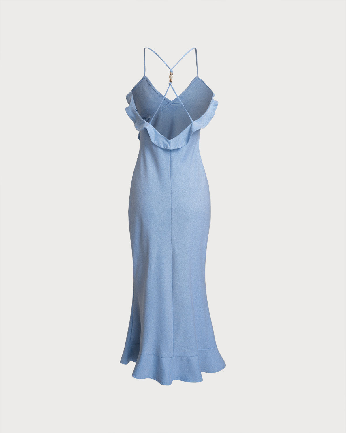 Blue V Neck Mermaid Ruffle Slip Midi Dress - Threadford