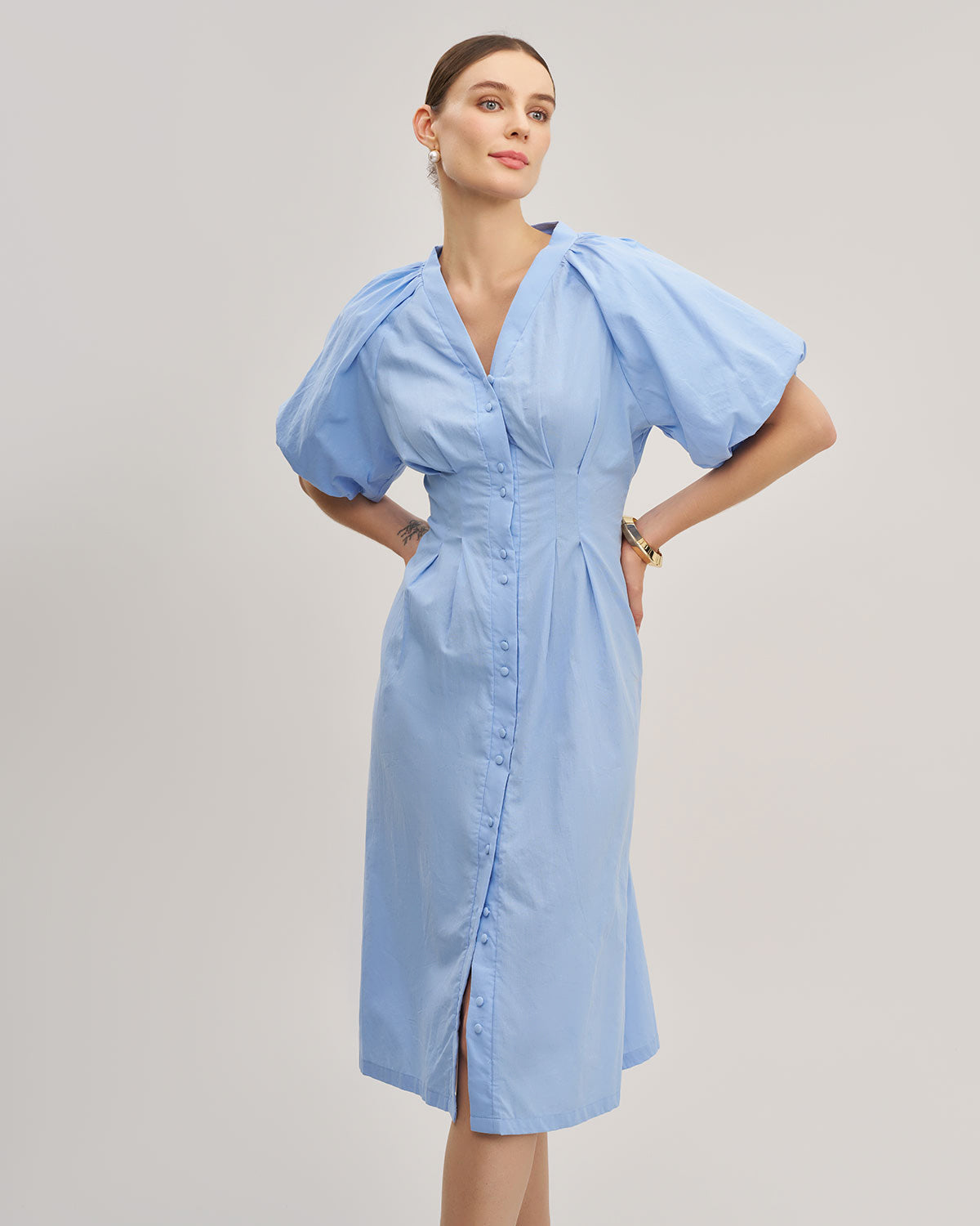Blue Half Sleeve Button Midi Dress - Threadford