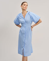 Blue Half Sleeve Button Midi Dress