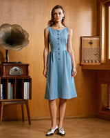 Blue Boat Neck Button Sleeveless Midi Dress - Threadford