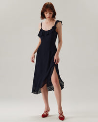 Blue Chiffon Ruffle Slip Midi Dress