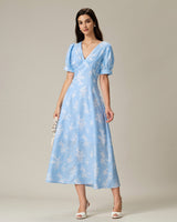 Blue Floral Puffed Sleeve Ruched Midi Dress - Threadford