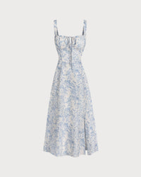 Blue Floral Ruched Slip Midi Dress