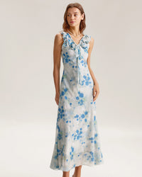 Blue Floral Ruffle V Neck Sleeveless Midi Dress