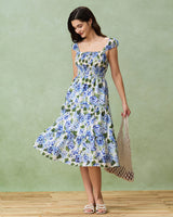 Blue Floral Square Neck Shirred Midi Dress - Threadford