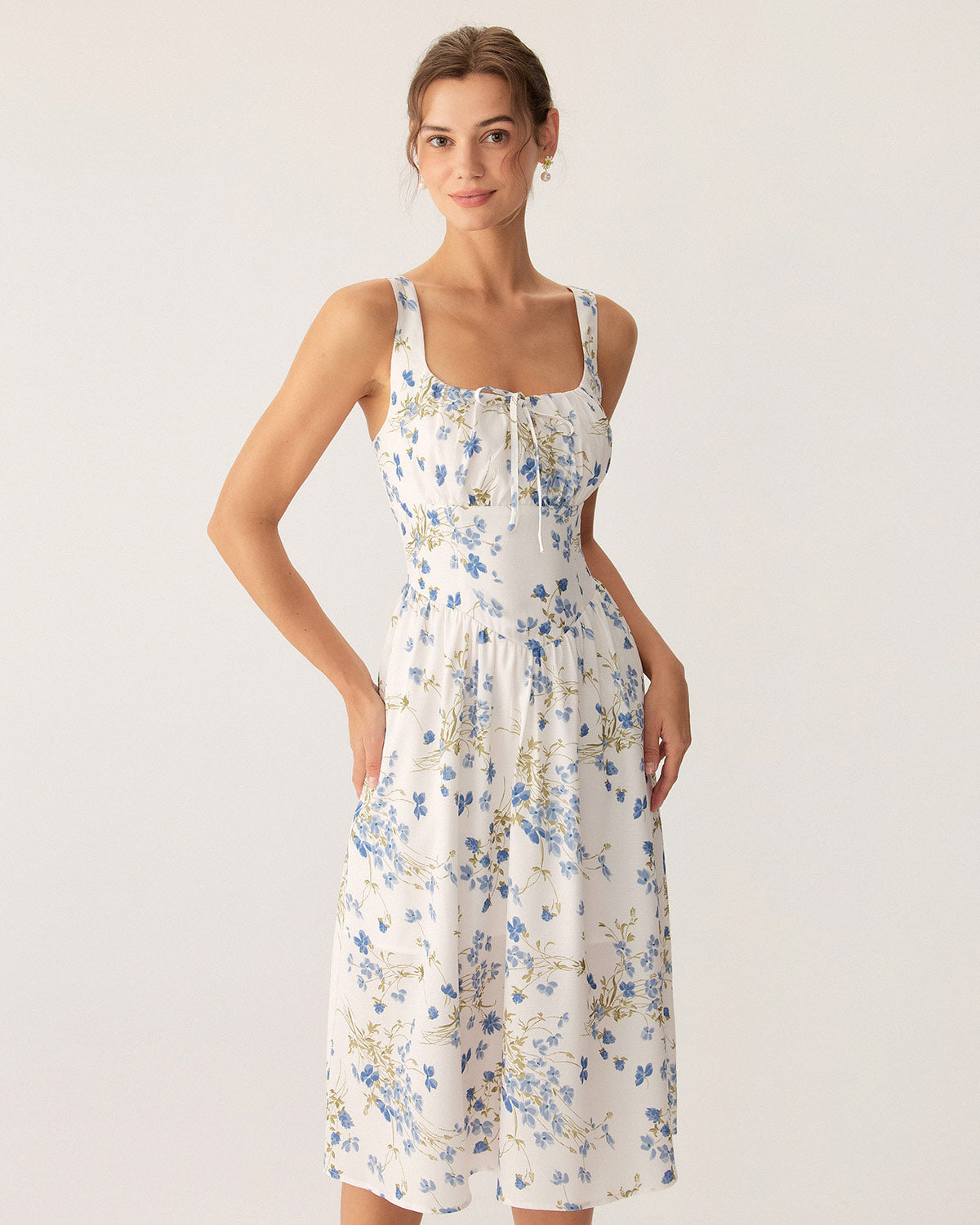 Blue Floral U Neck A-Line Midi Dress - Threadford