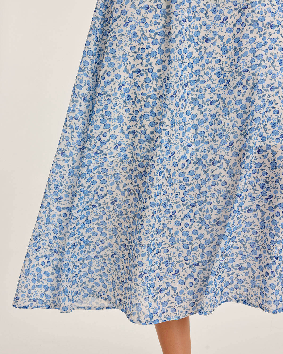 Blue Floral V Neck Shirred Slip Midi Dress - Threadford