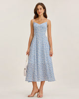 Blue Floral V Neck Shirred Slip Midi Dress - Threadford