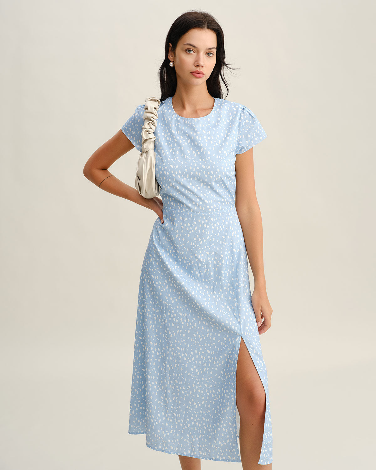 Blue Round Neck Button Slit Midi Dress - Threadford