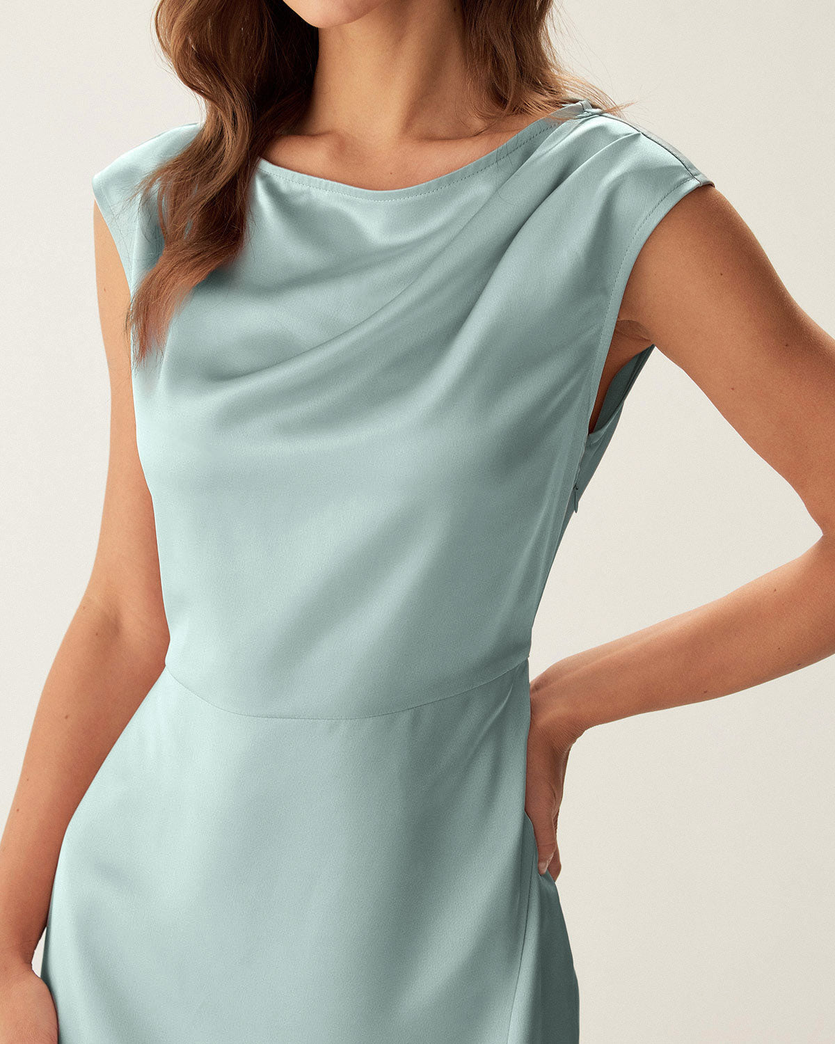 Blue Satin Boat Neck Slit Sleeveless Midi Dress - Threadford