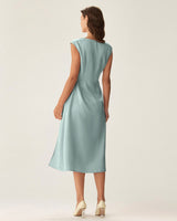 Blue Satin Boat Neck Slit Sleeveless Midi Dress - Threadford