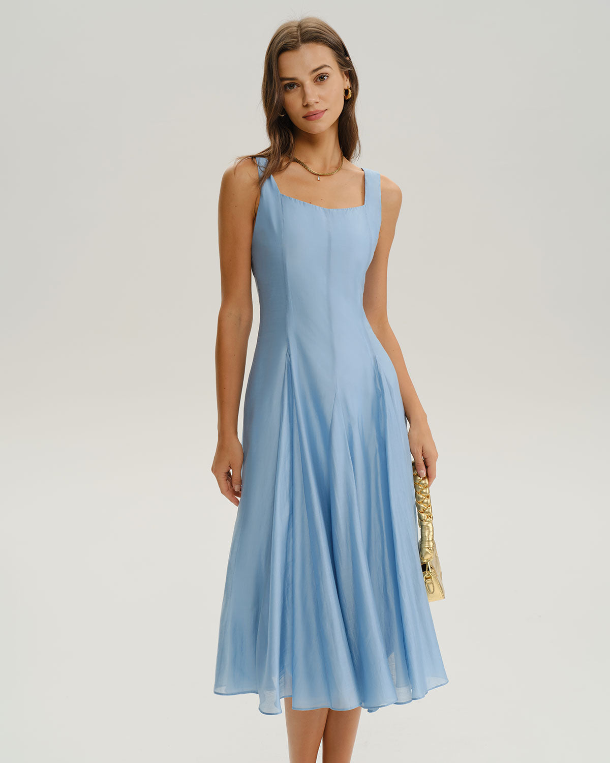 Blue Square Neck A-Line Sleeveless Midi Dress - Threadford