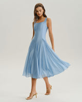 Blue Square Neck A-Line Sleeveless Midi Dress - Threadford