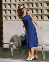 Blue Square Neck Pleated Sleeveless Midi Dress - Threadford