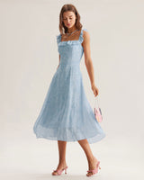 Blue Square Neck Ruffle Midi Dress - Threadford