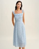 Blue Square Neck Ruffle Midi Dress - Threadford