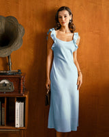 Blue Square Neck Ruffle Satin Midi Dress - Threadford