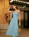 Blue Square Neck Shirred Slip Midi Dress - Threadford