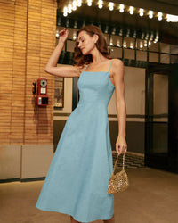 Blue Square Neck Shirred Slip Midi Dress