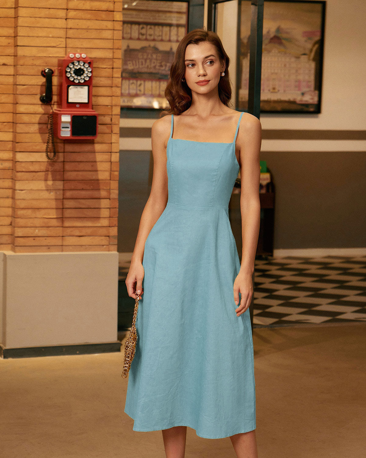 Blue Square Neck Shirred Slip Midi Dress - Threadford