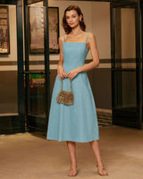 Blue Square Neck Shirred Slip Midi Dress - Threadford