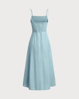 Blue Square Neck Shirred Slip Midi Dress - Threadford