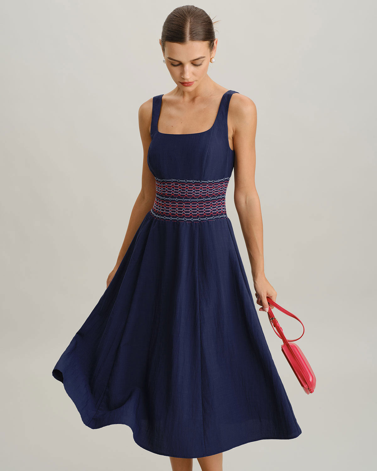 Blue Square Neck Shirred Slip Midi Dress - Threadford